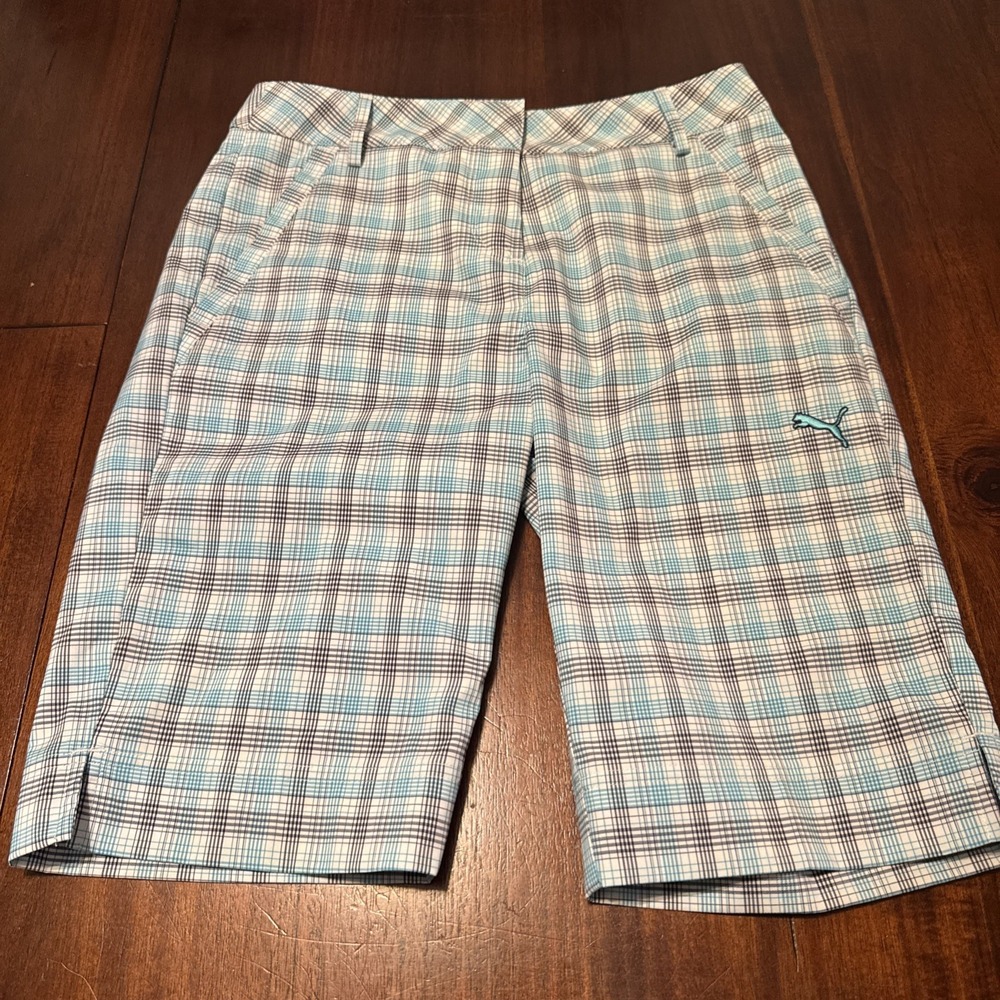 PUMA Golf Shorts Men's 30 Blue Plaid Performance Stretch Bermuda